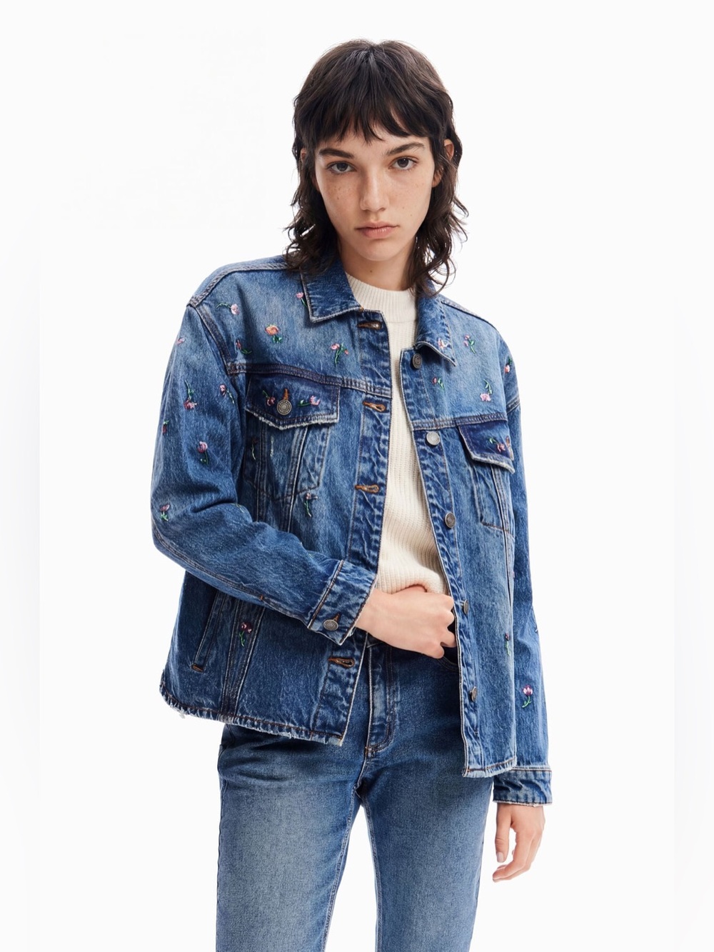 Desigual NEW Floral Denim Trucker Jacket